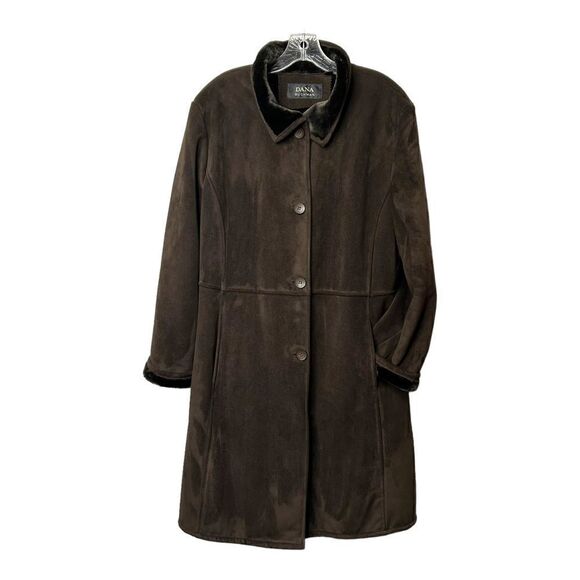 DANA BUCHMAN Chocolate Brown Coat Fur Trim Jacket Knee Length Buttons Womens - Picture 2 of 9